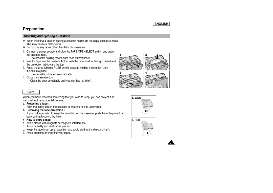 Samsung SCD39 Inserting and Ejecting a Cassette, Protecting a tape, Removing the tape protection, How to store a tape 