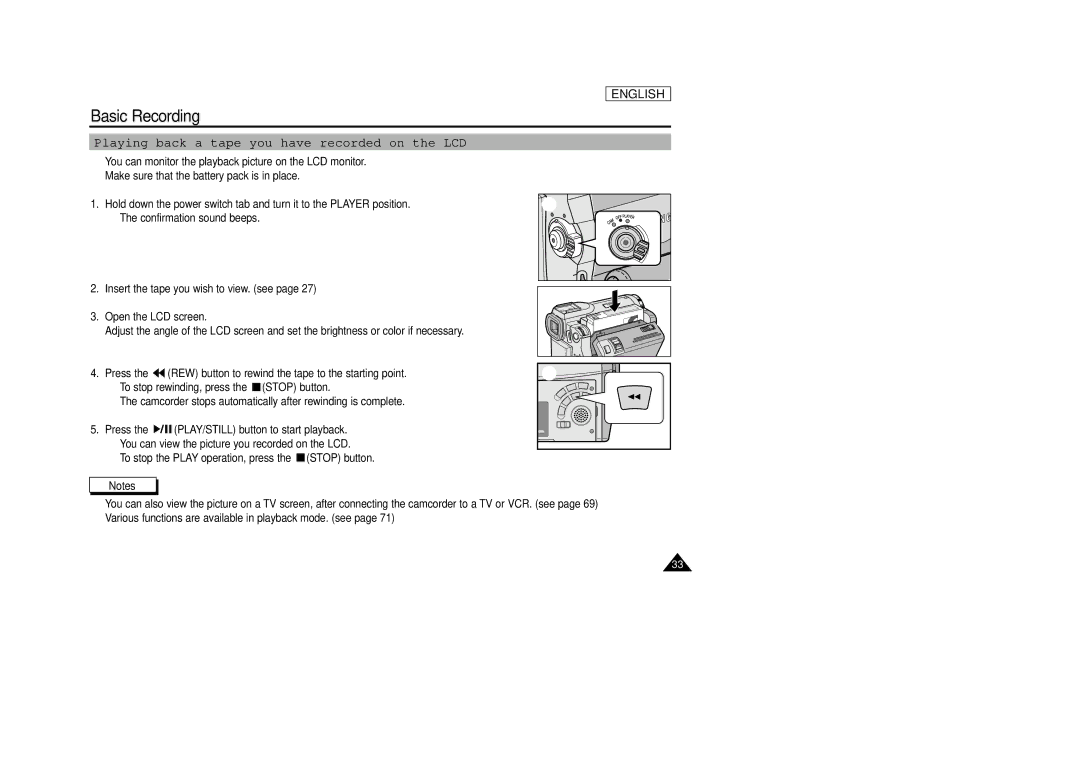 Samsung SCD33, SCD34, SCD39 manual Playing back a tape you have recorded on the LCD 