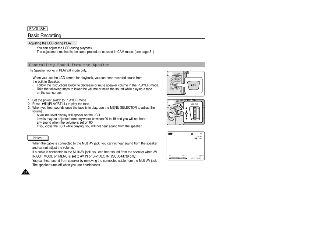 Samsung SCD33, SCD34, SCD39 manual Controlling Sound from the Speaker, Adjusting the LCD during Play 