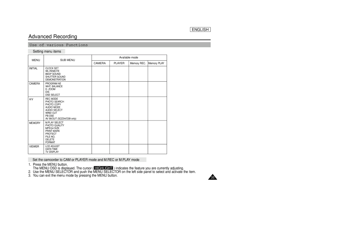 Samsung SCD33, SCD34, SCD39 manual Advanced Recording, Use of various Functions, Setting menu items 