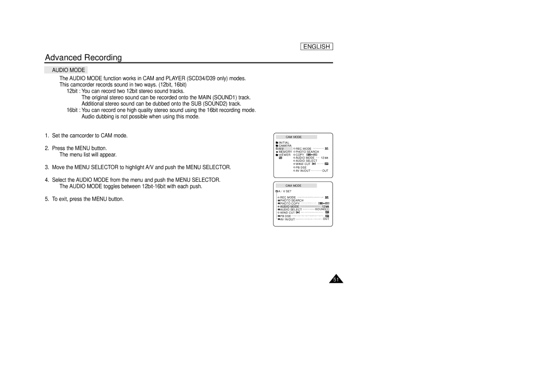 Samsung SCD33, SCD34, SCD39 manual Audio Mode 