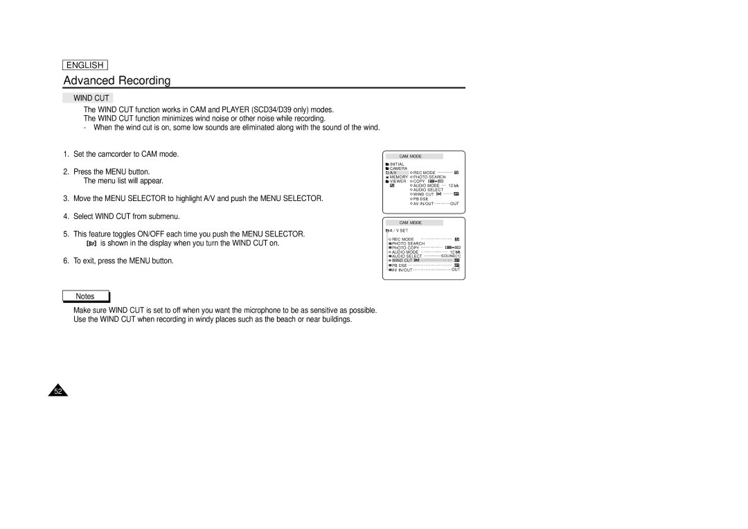 Samsung SCD33, SCD34, SCD39 manual Wind CUT 