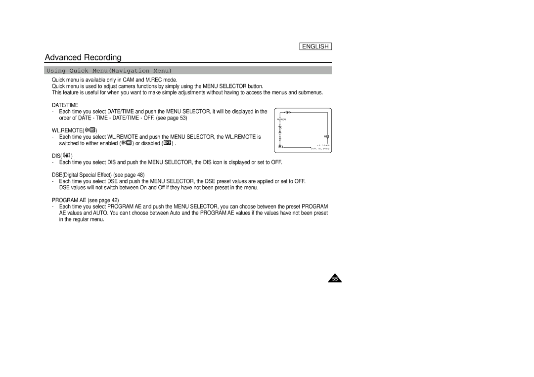 Samsung SCD34, SCD39 manual Using Quick MenuNavigation Menu, Wl.Remote, Dis, DSEDigital Special Effect see, Program AE see 