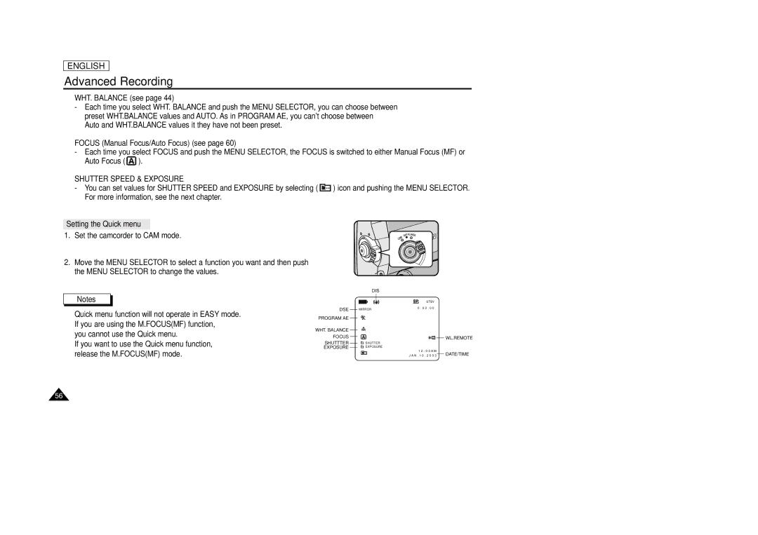 Samsung SCD33, SCD34, SCD39 manual WHT. Balance see, Focus Manual Focus/Auto Focus see, Shutter Speed & Exposure 