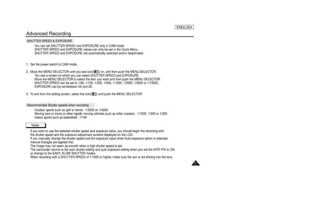 Samsung SCD33, SCD34, SCD39 manual Recommended Shutter speeds when recording 