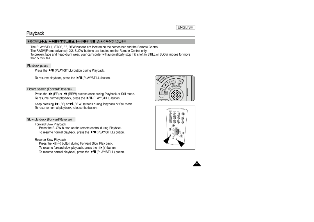 Samsung SCD33, SCD34, SCD39 manual Various Functions while in Player mode, Playback pause, Picture search Forward/Reverse 