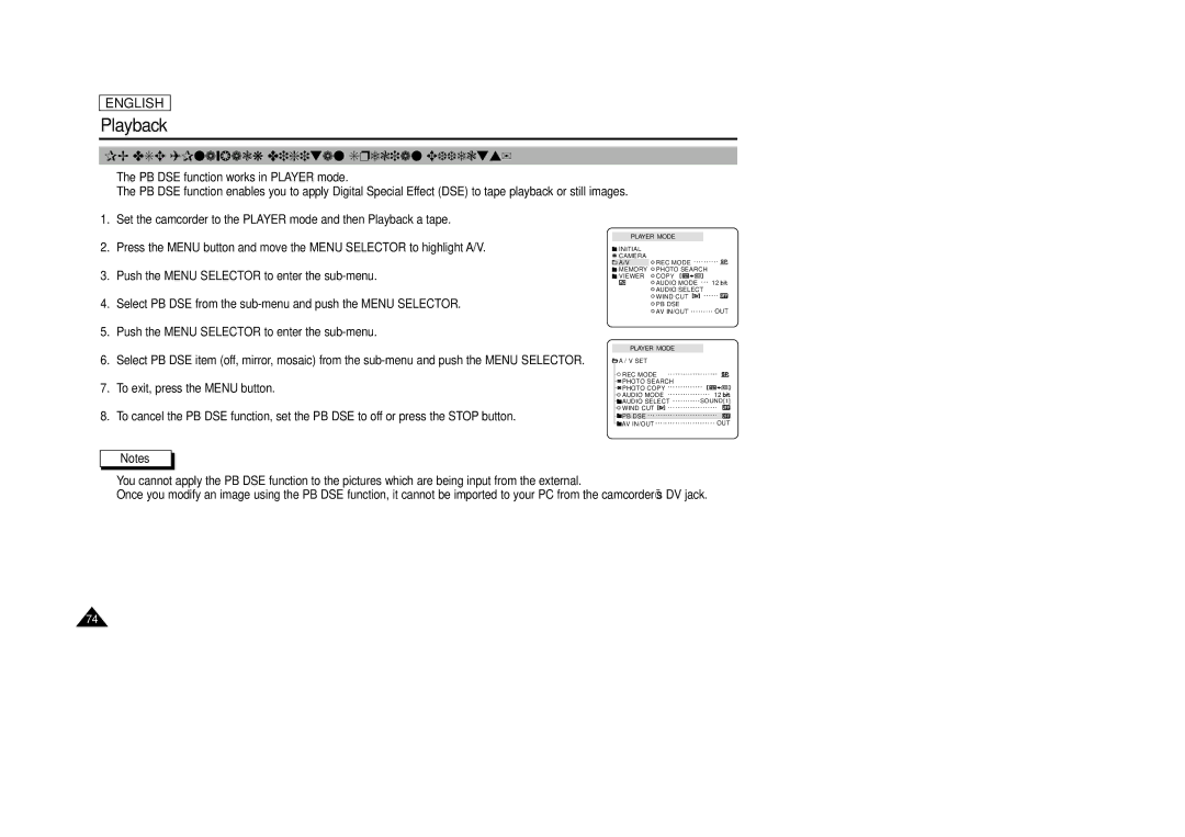 Samsung SCD33, SCD34, SCD39 manual PB DSE Playback Digital Special Effects 