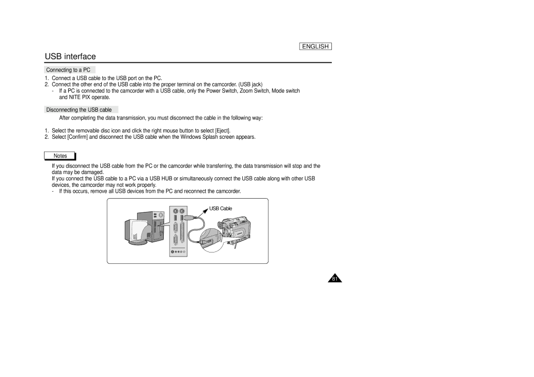 Samsung SCD33, SCD34, SCD39 manual Disconnecting the USB cable, USB Cable 