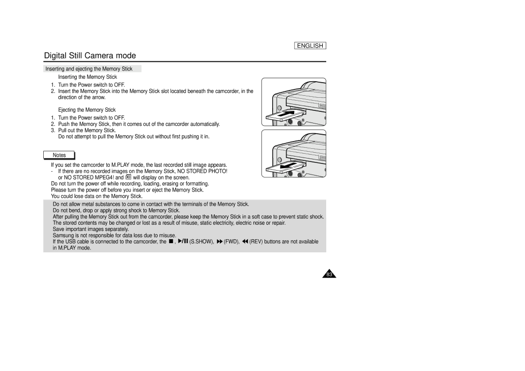 Samsung SCD33, SCD34, SCD39 manual Ejecting the Memory Stick 