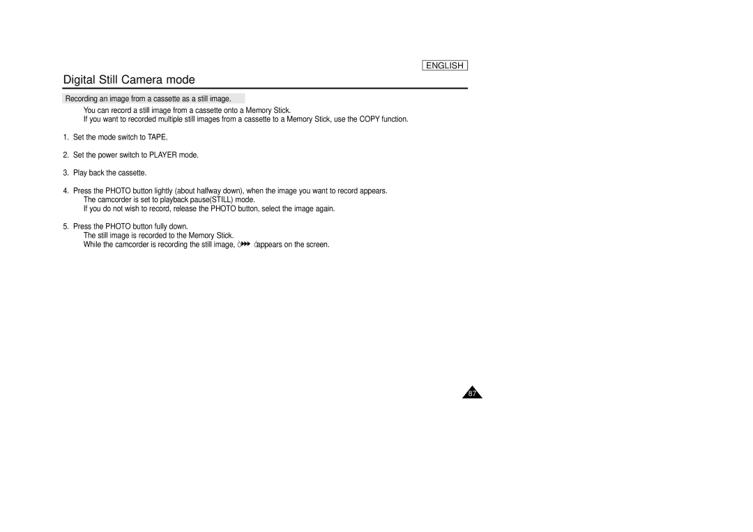 Samsung SCD33, SCD34, SCD39 manual Recording an image from a cassette as a still image 