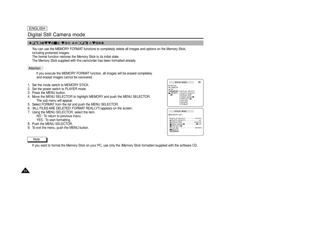 Samsung SCD33, SCD34, SCD39 manual Formatting the Memory Stick 