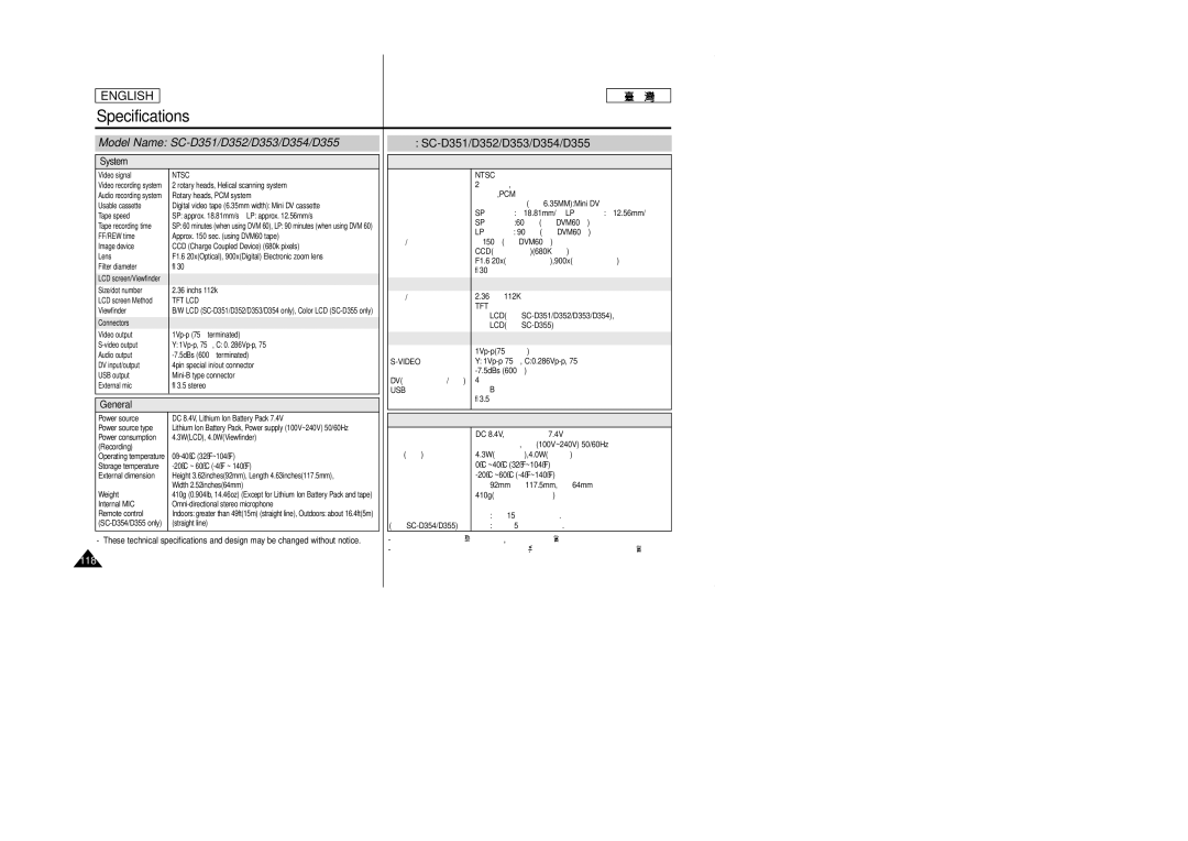 Samsung SCD353 manual Specifications, General 