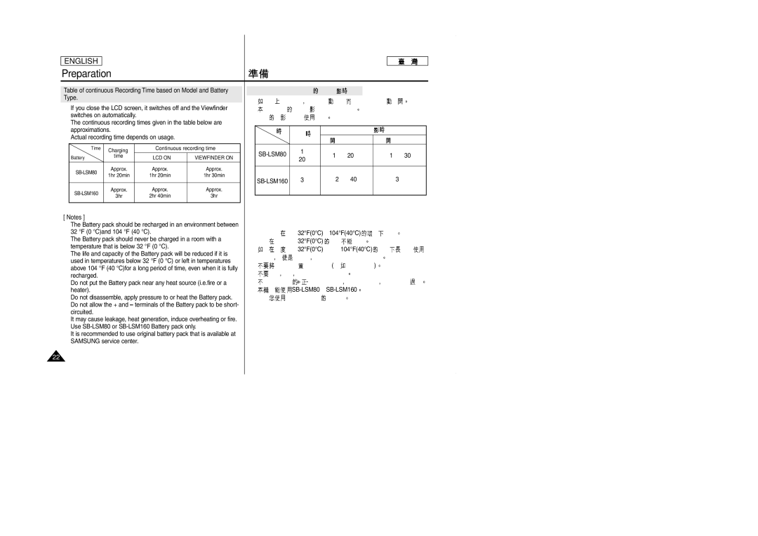 Samsung SCD353 manual Continuous recording time 