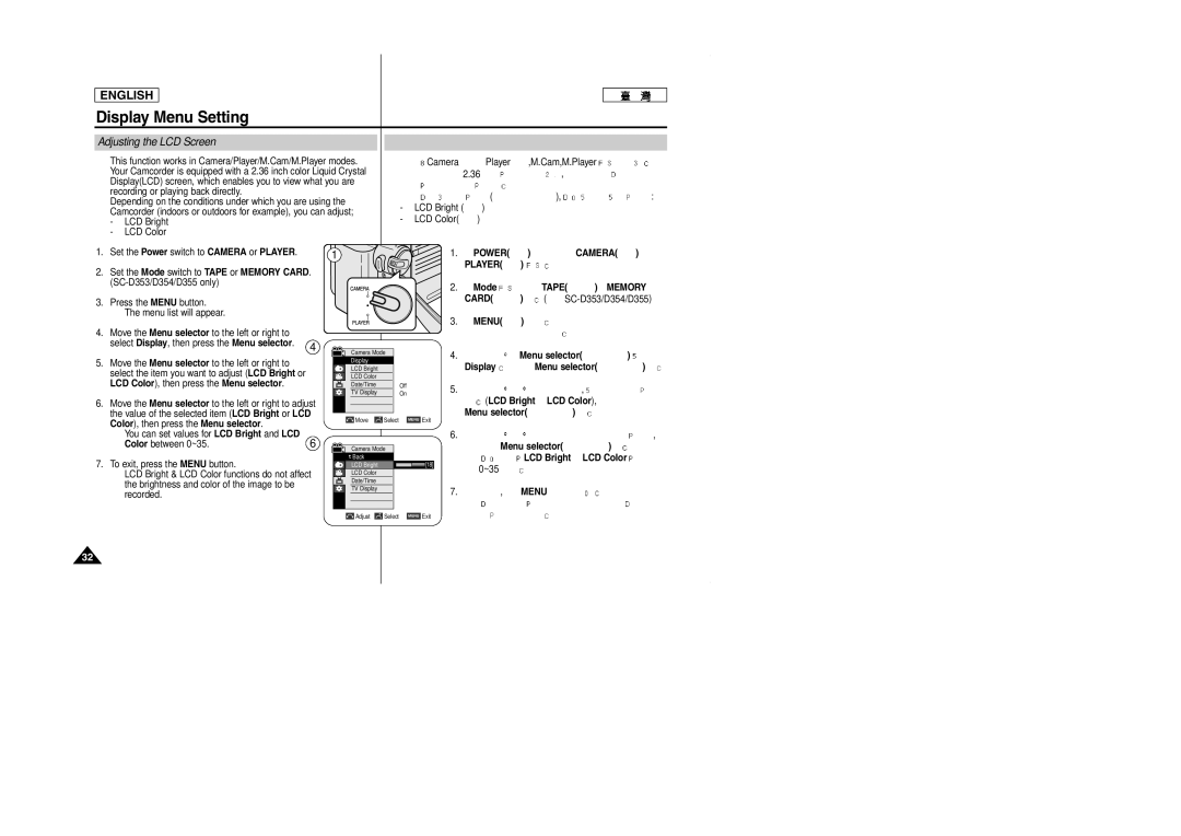 Samsung SCD353 manual Display Menu Setting, Adjusting the LCD Screen, Power Camera Player 