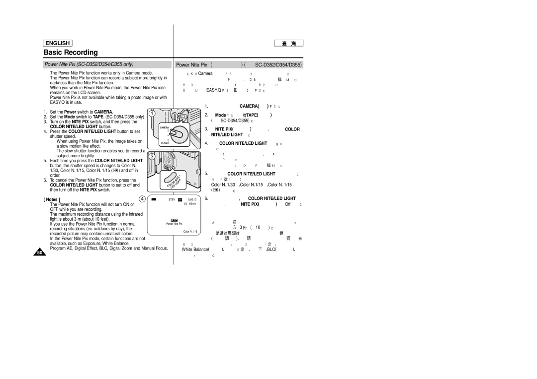 Samsung SCD353 manual Power Nite Pix SC-D352/D354/D355 only, NITE/LED Light Color NITE/LED Light, Nite PIX 