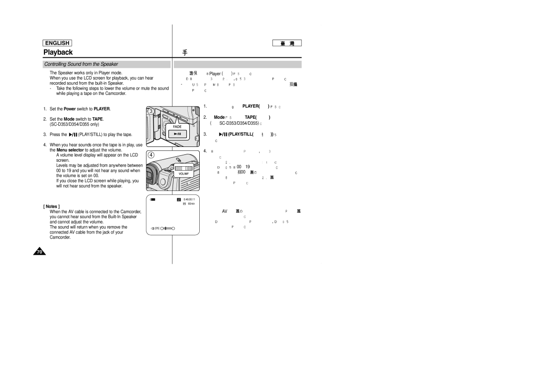 Samsung SCD353 Controlling Sound from the Speaker, Press the PLAY/STILL to play the tape, Player ModeTAPE, Play/Still 