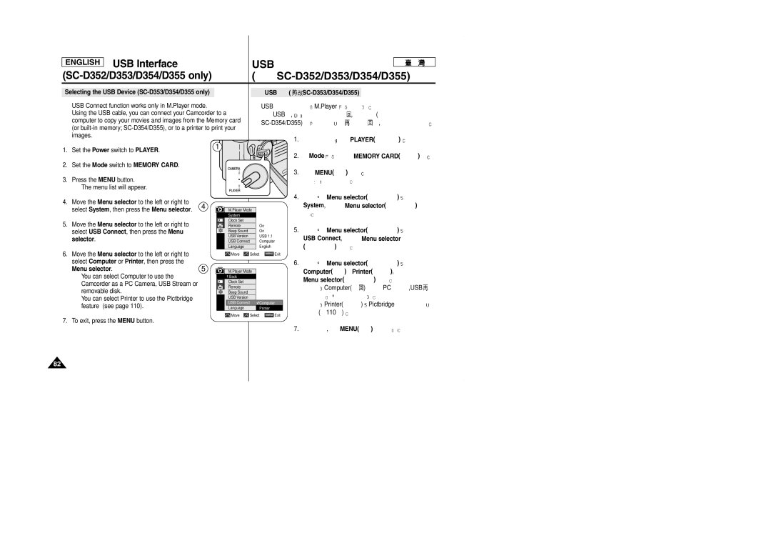 Samsung SCD353 manual Selecting the USB Device SC-D353/D354/D355 only, USB SC-D353/D354/D355, Player Mode Memory Card Menu 