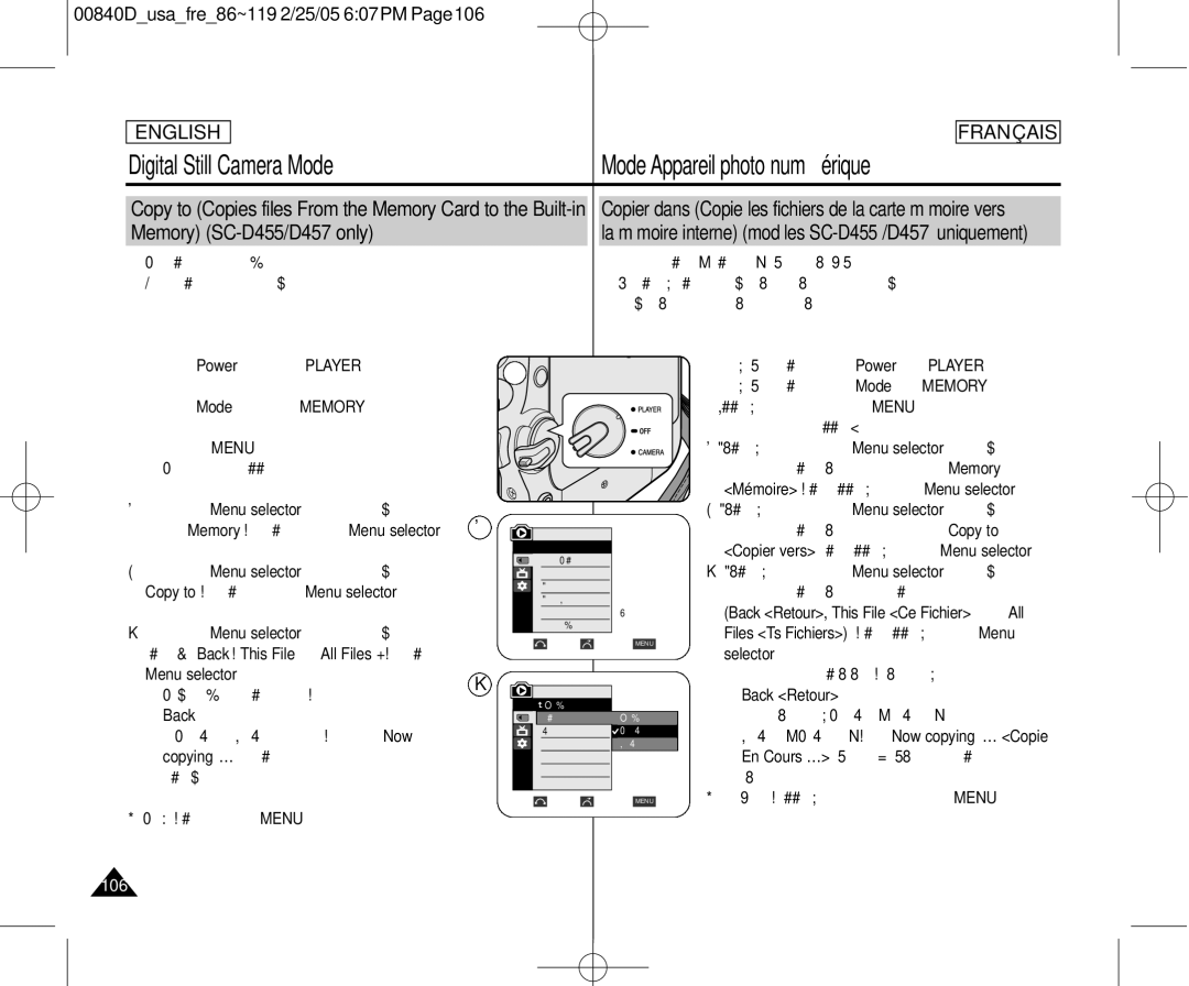 Samsung SCD453 manuel dutilisation Memory SC-D455/D457 only, Copy to , then press the Menu selector, Back Retour 