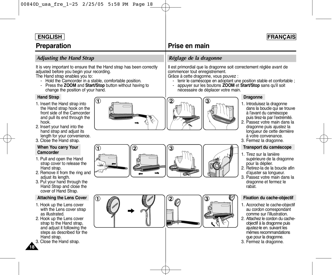 Samsung SCD453 Réglage de la dragonne, Adjusting the Hand Strap, Hand Strap Dragonne, When You carry Your, Camcorder 