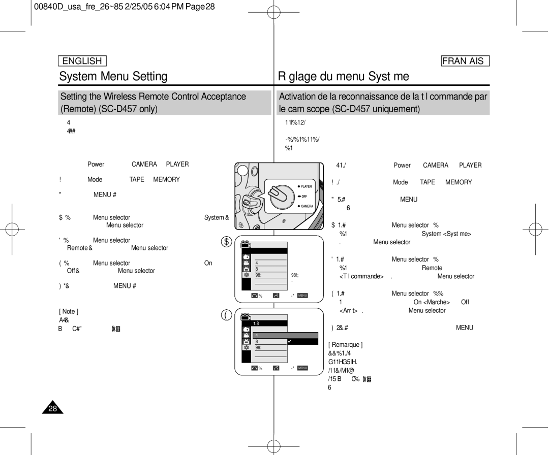 Samsung SCD453 Setting the Wireless Remote Control Acceptance, Remote SC-D457 only Le caméscope SC-D457 uniquement 