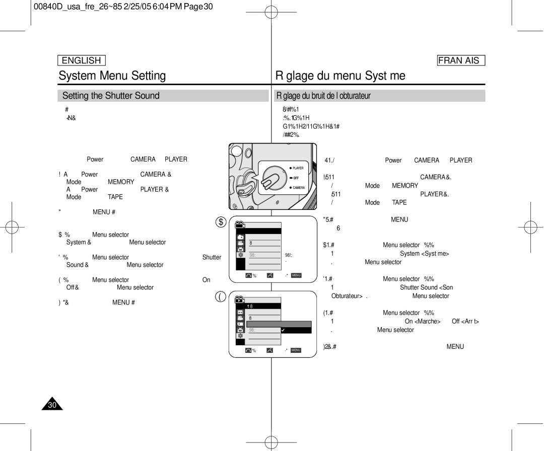 Samsung SCD453 manuel dutilisation Setting the Shutter Sound, Réglage du bruit de l’obturateur, Mode switch to Memory 