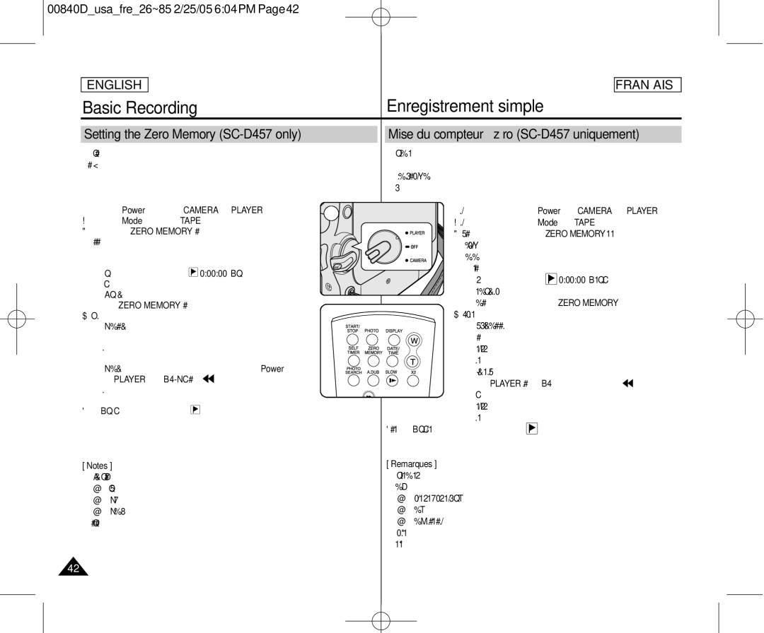 Samsung SCD453 Basic Recording, Mise du compteur à zéro SC-D457 uniquement, Setting the Zero Memory SC-D457 only 