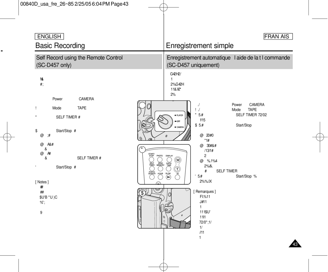 Samsung SCD453 manuel dutilisation Self Record using the Remote Control, SC-D457 only SC-D457 uniquement, Bouton Self Timer 