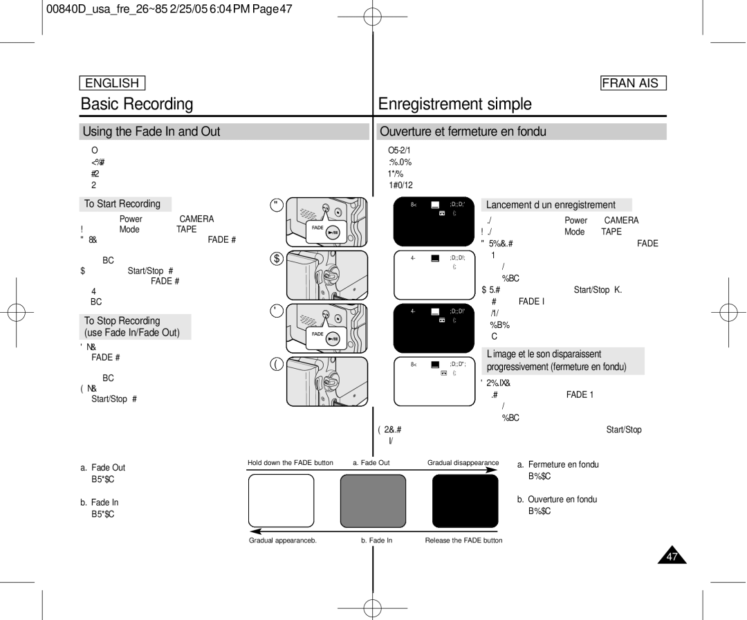 Samsung SCD453 manuel dutilisation Using the Fade In and Out Ouverture et fermeture en fondu, To Start Recording 