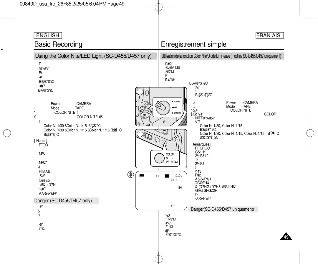 Samsung SCD453 manuel dutilisation Using the Color Nite/LED Light SC-D455/D457 only 