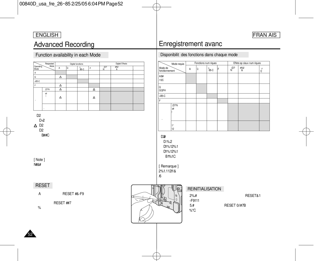 Samsung SCD453 manuel dutilisation Function availability in each Mode, Disponibilité des fonctions dans chaque mode 