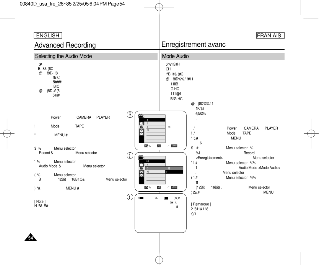 Samsung SCD453 manuel dutilisation Selecting the Audio Mode, Mode Audio, Record , then press the Menu selector 