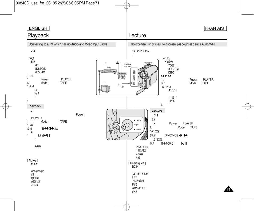 Samsung SCD453 manuel dutilisation Playback, Lecture, Connecting to a TV which has no Audio and Video Input Jacks 