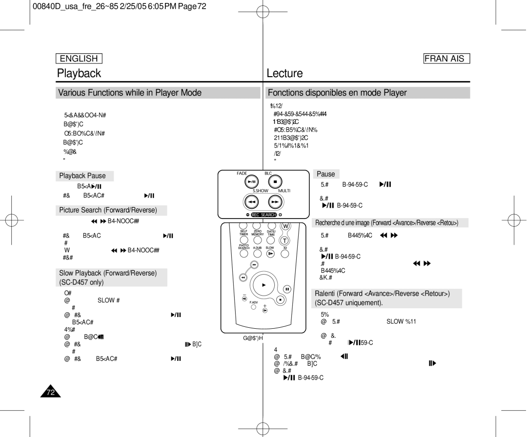 Samsung SCD453 manuel dutilisation Pause Playback Pause, SC-D457 uniquement, Picture Search Forward/Reverse 