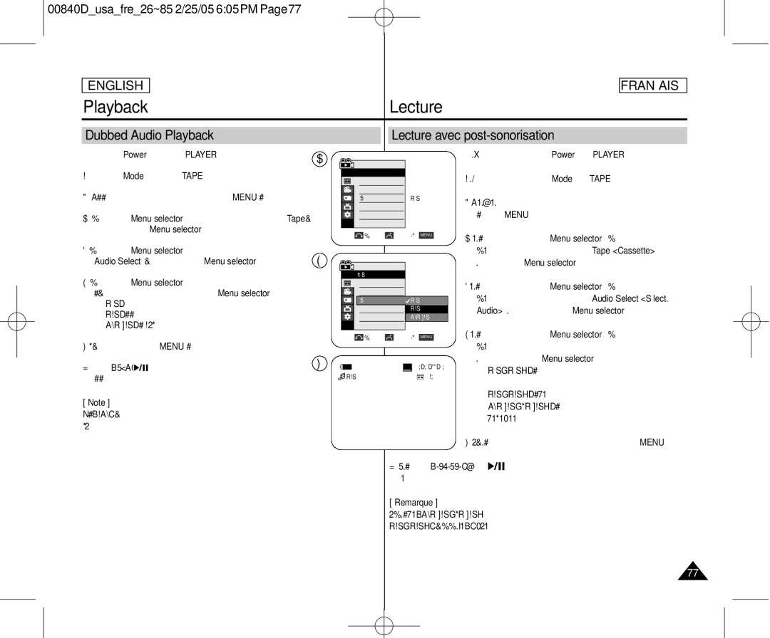 Samsung SCD453 Dubbed Audio Playback Lecture avec post-sonorisation, Audio Select , then press the Menu selector 