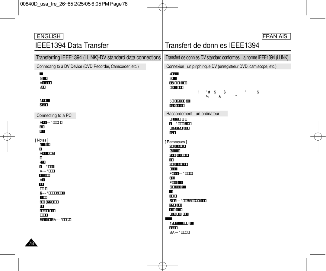 Samsung SCD453 IEEE1394 Data Transfer Transfert de données IEEE1394, Raccordement à un ordinateur Connecting to a PC 