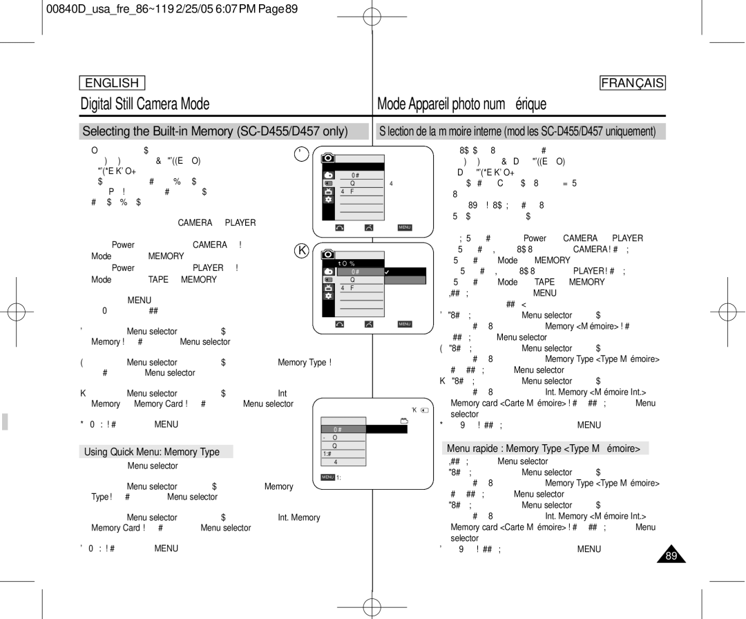 Samsung SCD453 manuel dutilisation Selecting the Built-in Memory SC-D455/D457 only, Menu rapide Memory Type Type Mémoire 