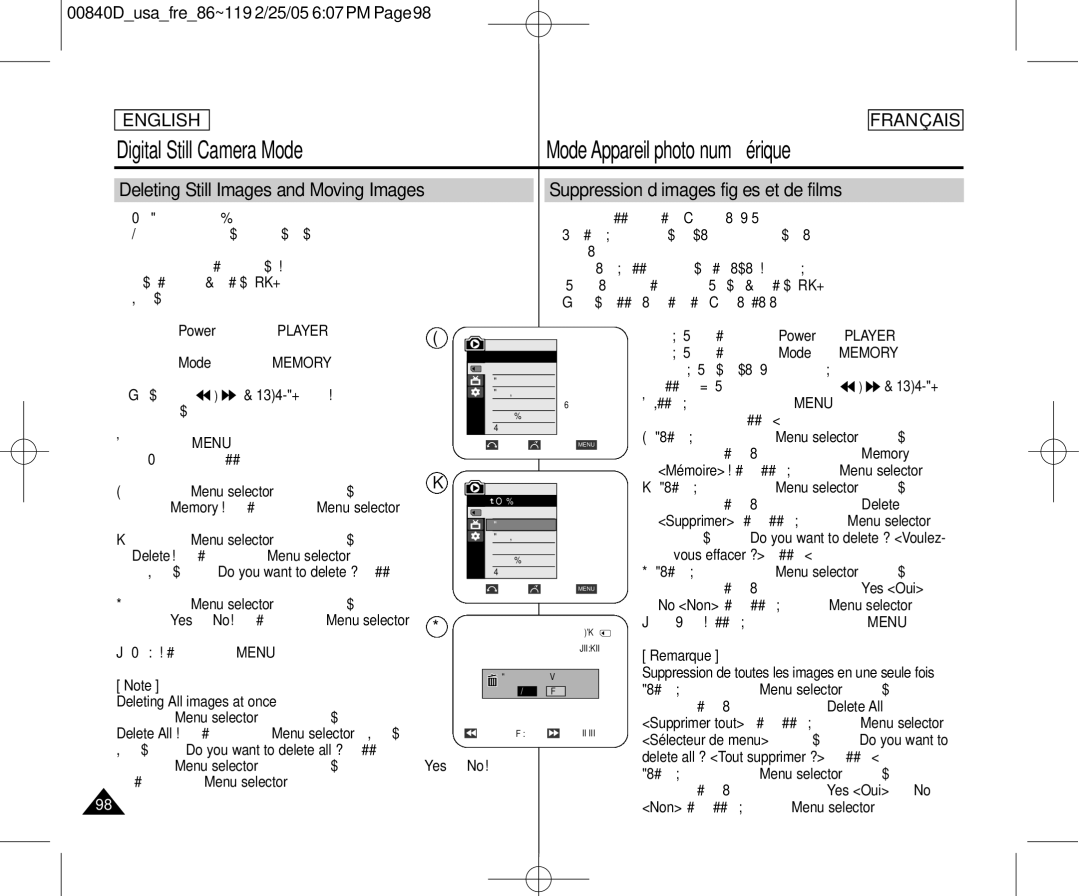 Samsung SCD453 Delete, then press the Menu selector, Vous effacer ? apparaît, No Non puis appuyez sur Menu selector 