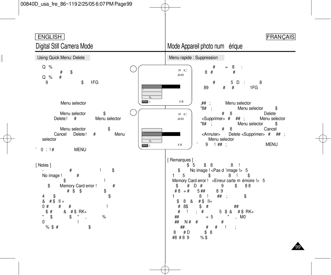 Samsung SCD453 manuel dutilisation Press the Menu selector, Sur Menu selector, Message No image ! Pas d’image ! s’affiche 