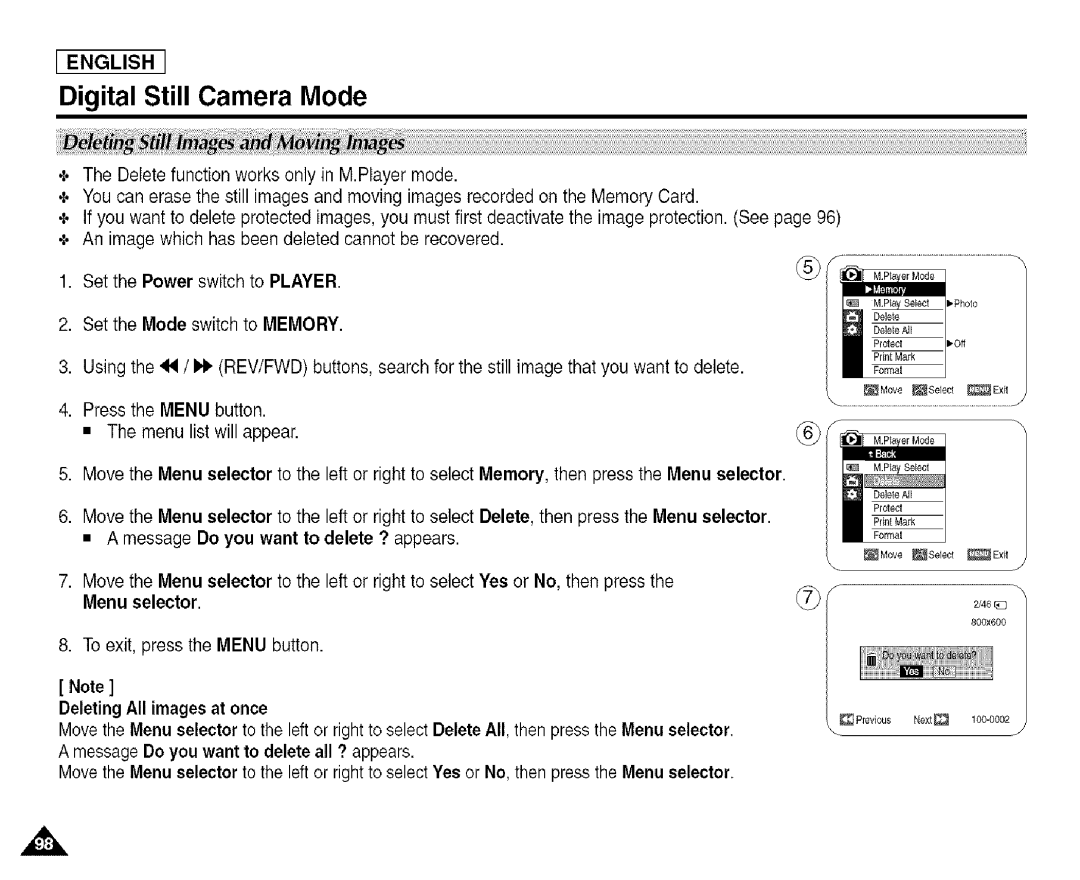 Samsung SCD455 manual Deleting All images at once 