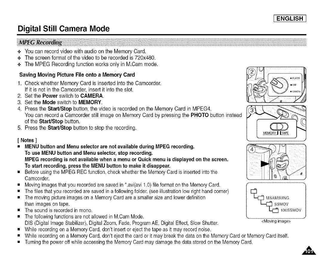 Samsung SCD455 manual Saving Moving Picture File onto a Memory Card 