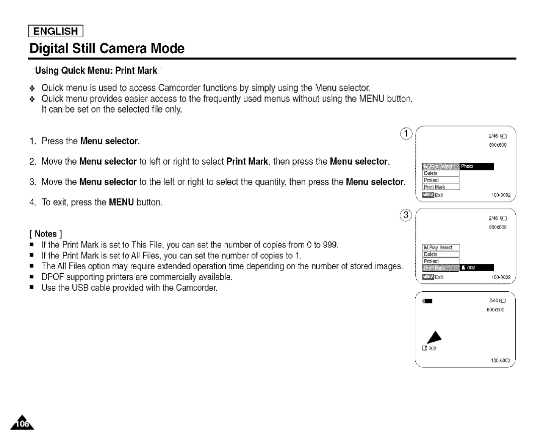 Samsung SCD455 manual Using Quick Menu Print Mark 