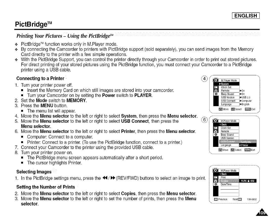 Samsung SCD455 manual PictBridge TM, Connecting to a Printer, Selecting Images, Setting the Number of Prints 