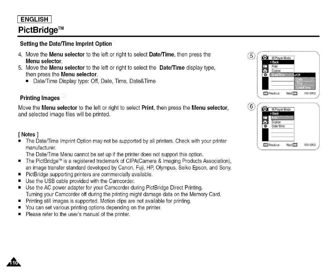 Samsung SCD455 manual PictBridge TM, Setting the Date/Time Imprint Option 