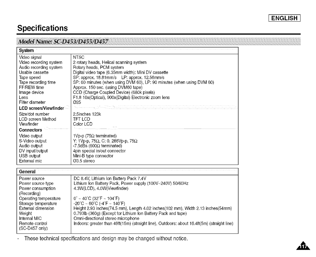 Samsung SCD455 manual Specifications, System 