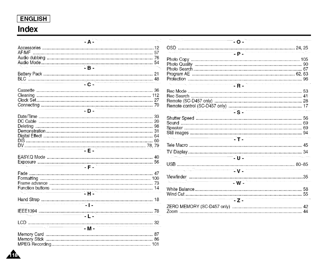 Samsung SCD455 manual Index, 54B- nn 