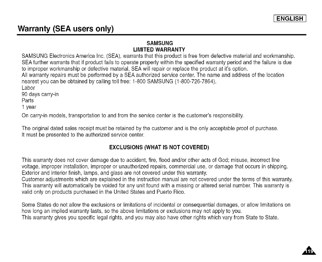 Samsung SCD455 manual Warranty SEA users only, Samsung Limited Warranty 