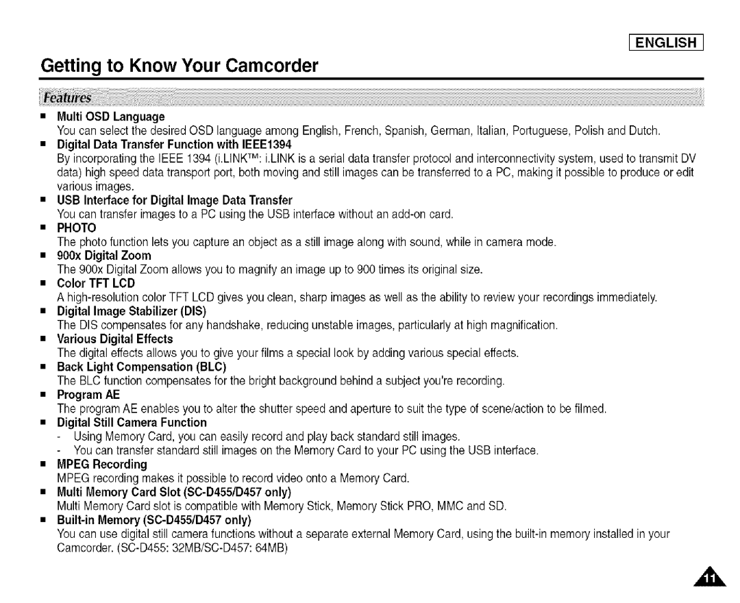 Samsung SCD455 manual Getting to Know Your Camcorder, Photo 