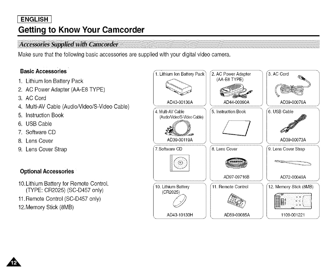 Samsung SCD455 manual Getting to Know Your Camcorder, Optional Accessories 