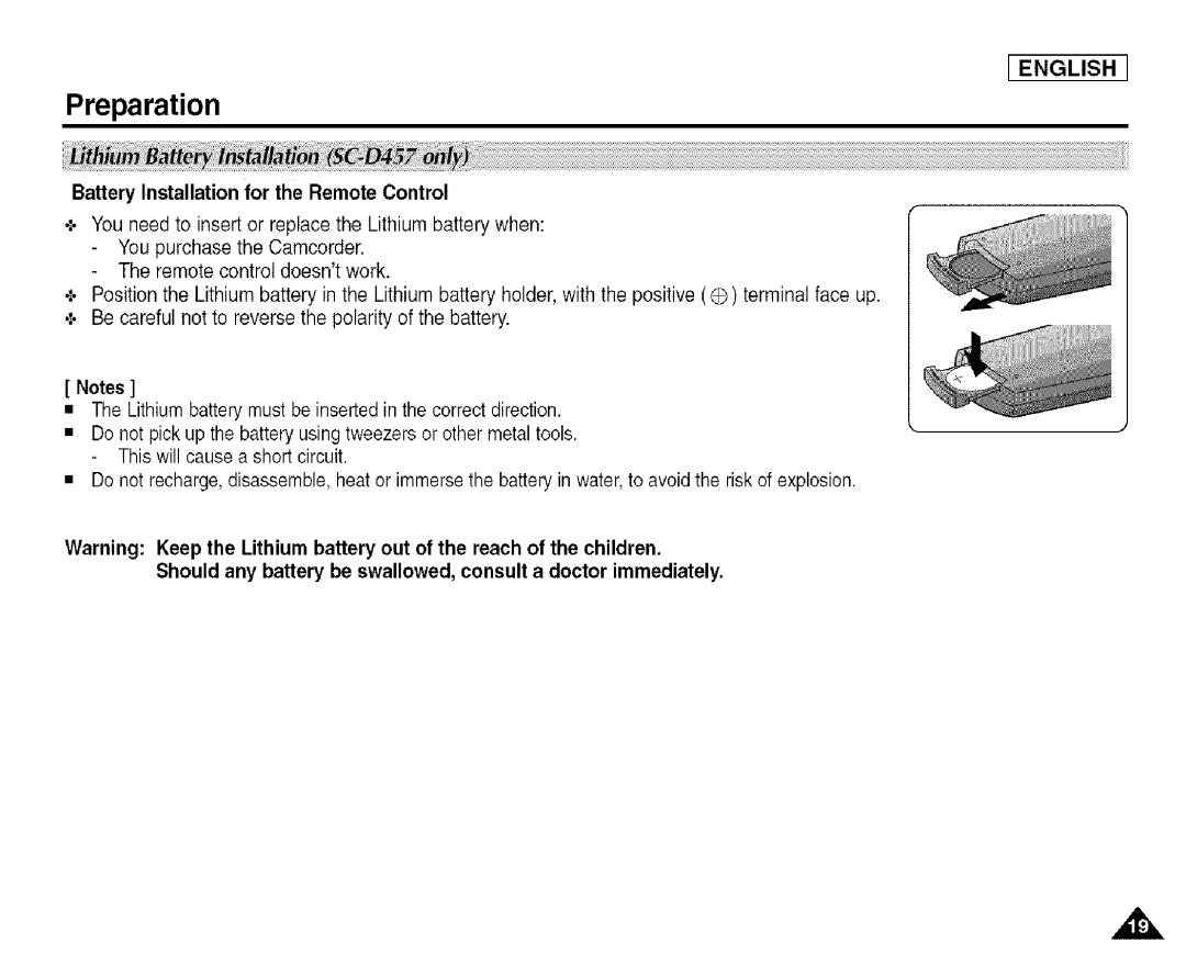 Samsung SCD455 manual Preparation, Battery Installationfor the Remote Control 