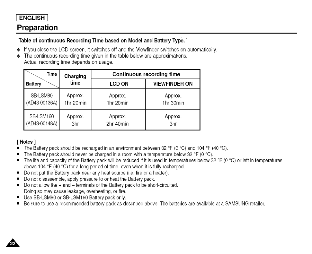 Samsung SCD455 manual Recording time, LCD on Viewfinder on 